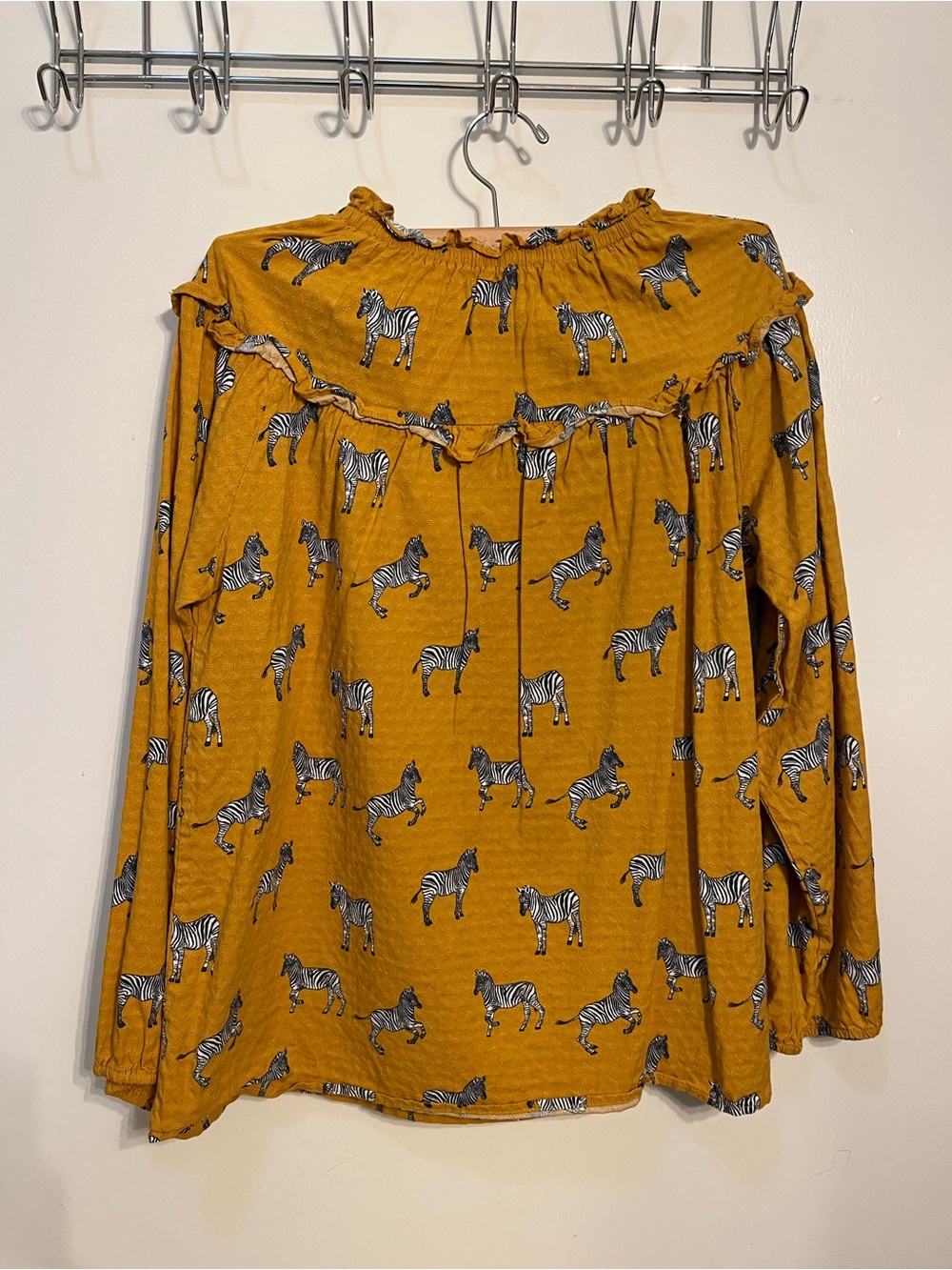 Mustard Zebra Print Long-Sleeve Ruffle Yoke Blouse